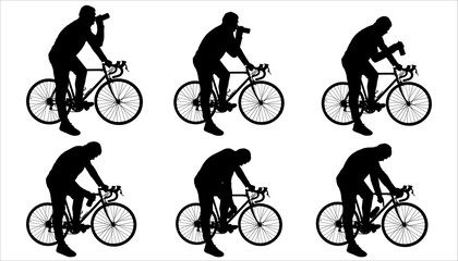 The cyclist holds a bottle of water in his hand. A guy thirsty for water on a bicycle drinks water from a bottle. A man stands next to a bicycle. View: bike, man - sideways. The guy with the bike.