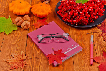 Still life with pumpkin - Pattinson. A notebook with a fountain pen.Red viburnum berry,...
