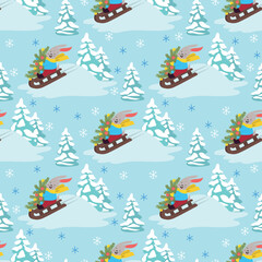 Naklejka na ściany i meble Holiday seamless pattern with hand drawn rabbit on a sleigh. Winter holidays cute background. Vector illustration