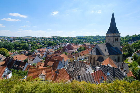 Germany, North Rhine-Westphalia, Warburg, Sankt Maria Heimsuchung church and surrounding houses