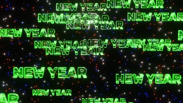 Background in the form of falling words new year green neon on a stars background 3d render. Happy new year screensaver, Happy new year eve. The holiday comes to us