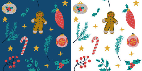 Conjunto de patrones sin fisuras de Año Nuevo y Navidad con símbolos y elementos de navidad, divertido y alegre. Patrón de Navidad y Año Nuevo con fondo transparente 