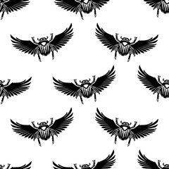 Seamless pattern with dung beetle scarab on white background.