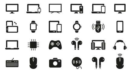 PC, Computer, Monitor, Smartphone, Camera, Keyboard, Headphone Silhouette Icon Set. Electronic Wireless Equipment Glyph Pictogram. Portable Devices Symbol. Isolated Vector Illustration