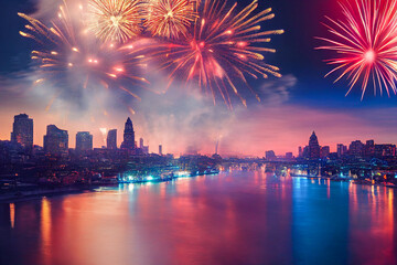 Fototapeta premium fireworks over the city with River, Generative AI Illustration