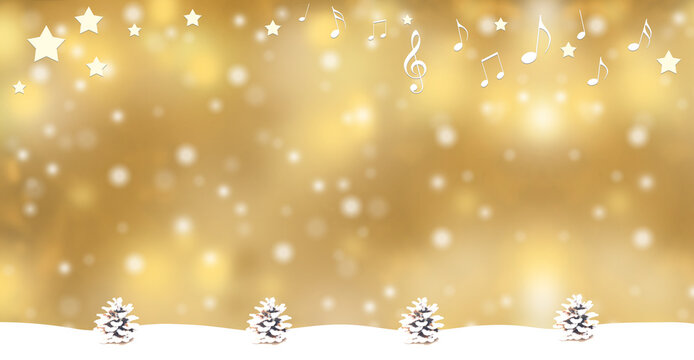 音符と松ぼっくりと雪がキラキラ輝く背景イラスト