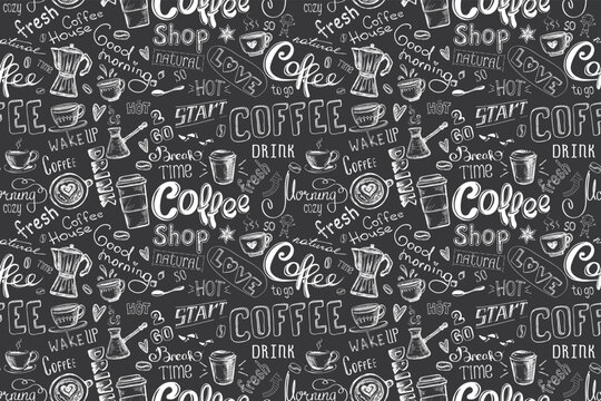 Seamless pattern with coffee. Various words, mugs and signs on coffee theme, on dark background. Texture with doodle coffee symbols, decor, hand drawn wallpaper for web, print.