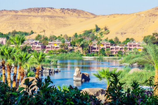 Egypt, Aswan Governorate, Aswan, City on bank on Nile river in summer