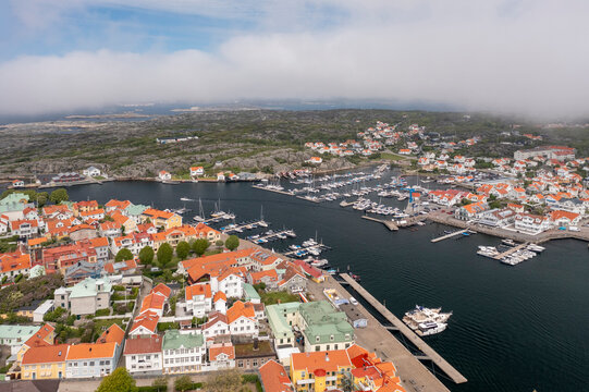 Sweden, Vastra Gotaland County, Marstrand, Aerial view of harbor of seaside town
