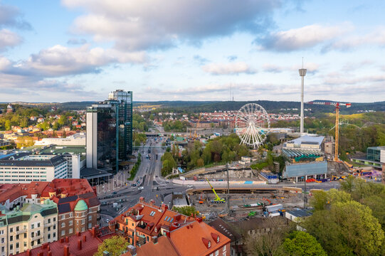 Sweden, Vastra Gotaland County, Gothenburg, View of Gothia Towers, Korsvagen square and Liseberg amusement park