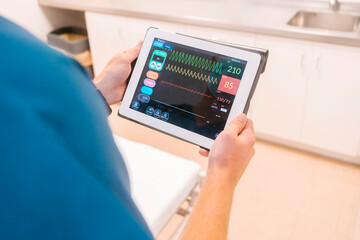 Hands of doctor examining data on tablet PC at hospital
