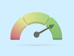 Speedometer meter with arrow 3d vector for dashboard with red, yellow and green indicators. Market sentiment, bitcoin fear and greed index, gauge of tachometer. Low, medium, high and risk levels