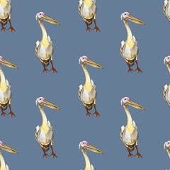 Watercolor white pelican seamless pattern on blue background. Aquarelle hand drawing ocean bird illustration. Perfect for textile, wrapping, backdrop.
