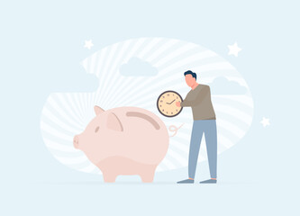 Time saving vector illustration concept with man putting clock face into piggy bank. Timesaving services with work organization and management, scheduling app, planning techniques