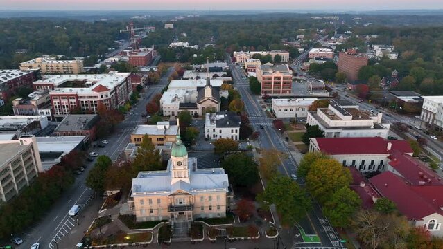 Downtown Athens Georgia at sunrise. Colorful rooftops and City Hall at dawn. College town near University of Georgia, UGA Bulldogs.