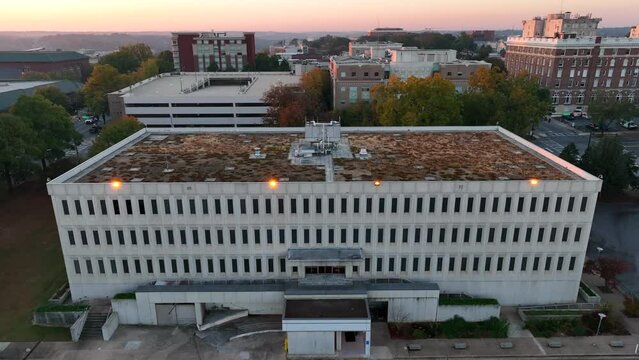 American Government Office Building. Federal Bureau Headquarters. Rising Aerial In American City.