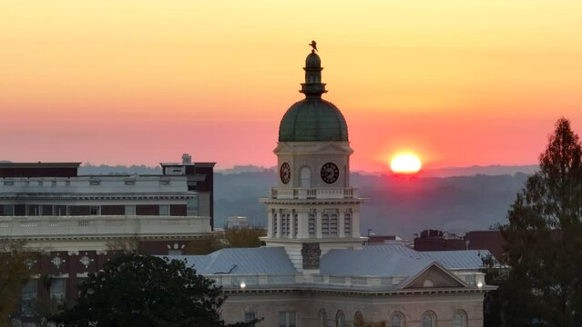 City Hall in Athens Georgia at sunrise. Aerial parallax shot in Athens GA USA. Large city near University of Georgia.