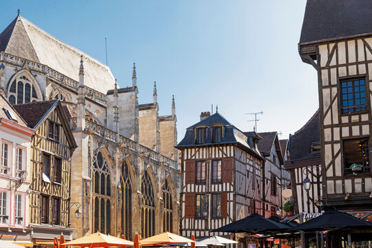 France, Grand Est, Troyes, Eglise Saint-Jean-au-Marche church and surrounding half-timbered houses
