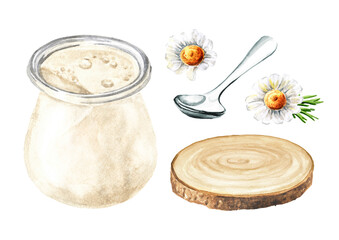 Cottage cheese set, rustic homemade. Hand  drawn watercolor illustration isolated on white background