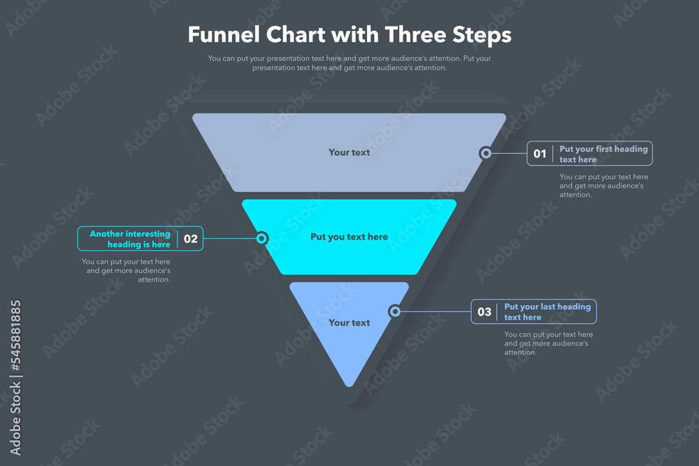 Leinwandbilder funnel chart template with three steps - dark version. slide for business presentation.