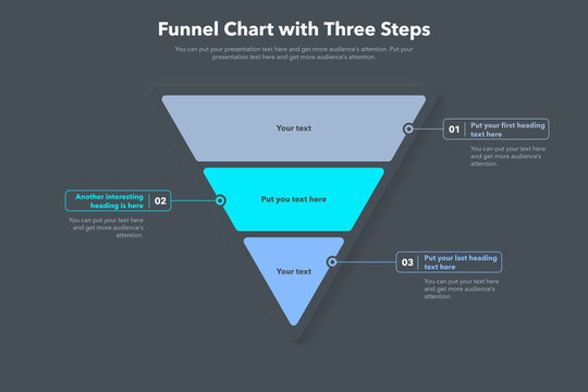 Funnel chart template with three steps - dark version. Slide for business presentation.