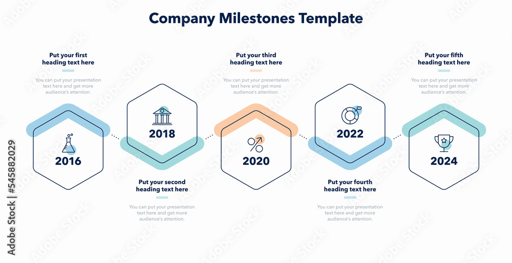 Poster Company milestones template with five steps. Simple flat template for data visualization.