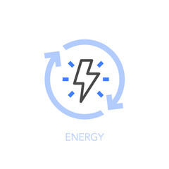 Simple visualised energy icon symbol with an electricity flash and process arrows.