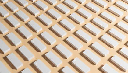 Abstract 3d-illustration of a futuristic geometric background with several white bricks in front of an orange background