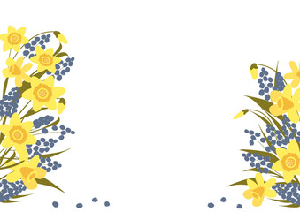 daffodils and blue flowers on a white background