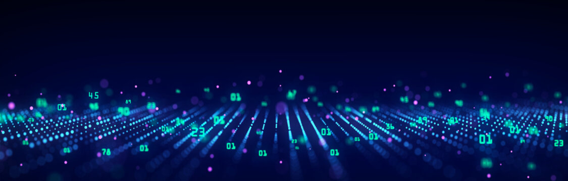 Futuristic perspective grid in digital cyberspace. Flow of binary code. Network connection structure. 3D rendering.