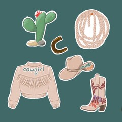a set of sketches on the wild west cowboys in a light beige color scheme on a green background
