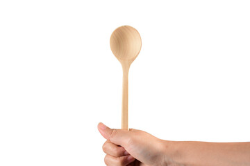 Hand and wooden spoon isolated on transparent background