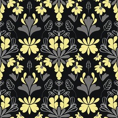 a noiseless pattern with plant patterns in a gray yellow black color scheme