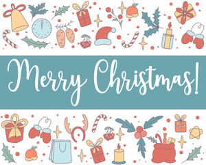 Merry christmas holiday design. Banner with Christmas elements and inscription. Congratulatory retro card. Cute vintage template for postcard vector illustration