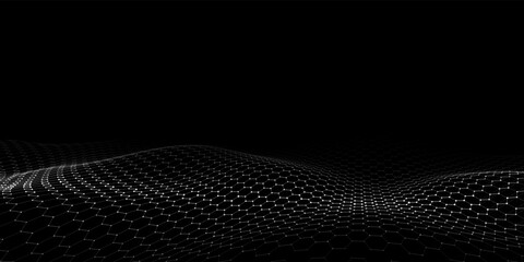 Futuristic hexagon dynamic wave on black background. Futuristic honeycomb concept. Digital technology webflow. Big data visualization. Vector illustration.