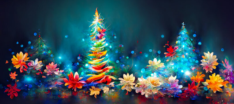 Christmas time. Abstract paint art of christmas trees in colorful glowing winter landscape. Digital art image.