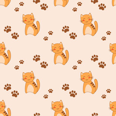 seamless pattern with cute cat and pawprints