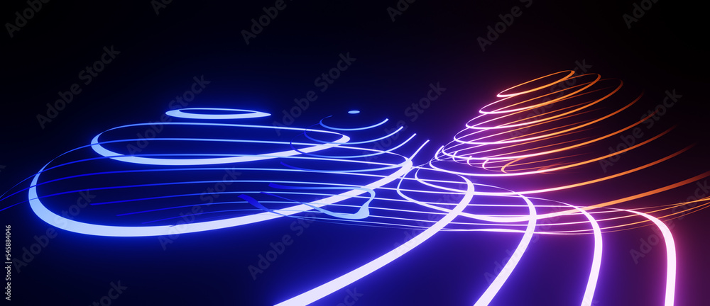 Wall mural Striped blue and red neon abstract flowing rings or bands, virtual background, digital technology, science or data concept, futuristic retro wave visualization 3D render illustration