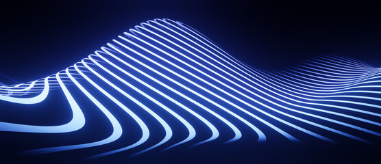 Striped blue neon abstract flowing rings or bands, virtual background, digital technology, science or data concept, futuristic retro wave visualization 3D render illustration