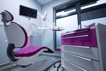 Modern dental practice. Dental chair and other accessories used by dentists.