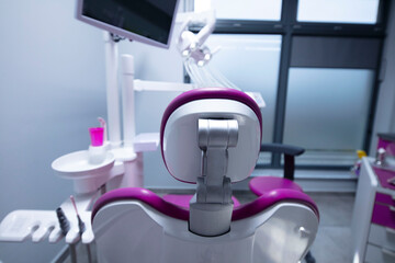 Modern dental practice. Dental chair and other accessories used by dentists.
