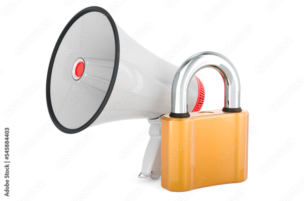 Poster megaphone with padlock, 3d rendering