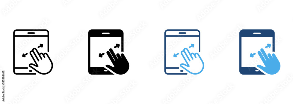 Poster zoom action on device display pictogram. swipe on tablet line and silhouette color icon set. scroll 