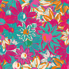 Fototapeta na wymiar Seamless repeat print pattern background with colorful flowers