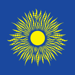 Sun with circles on a blue background. Sun vector. Sun and rays of sun drawn from circles.