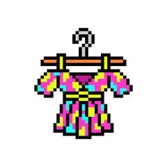 Pixel art multicolor open shoulder short sleeve blouse on a hanger isolated on white background. Women's fashion clothes icon. Girl shirt. Retro vintage 90s, 80s 8 bit slot machine, 2d game graphics.