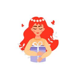 Happy woman hugging present box with bow. Flat vector illustration.