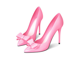 Pink high heels shoes with bow decoration isolated on white. Clipping path included