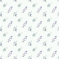 Watercolor Christmas pattern with holly, mistletoe and others