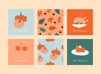 Fototapeta premium Set of Thanksgiving greeting cards and invitations with pumpkin, leaves, baked turkey and handwritten lettering. 